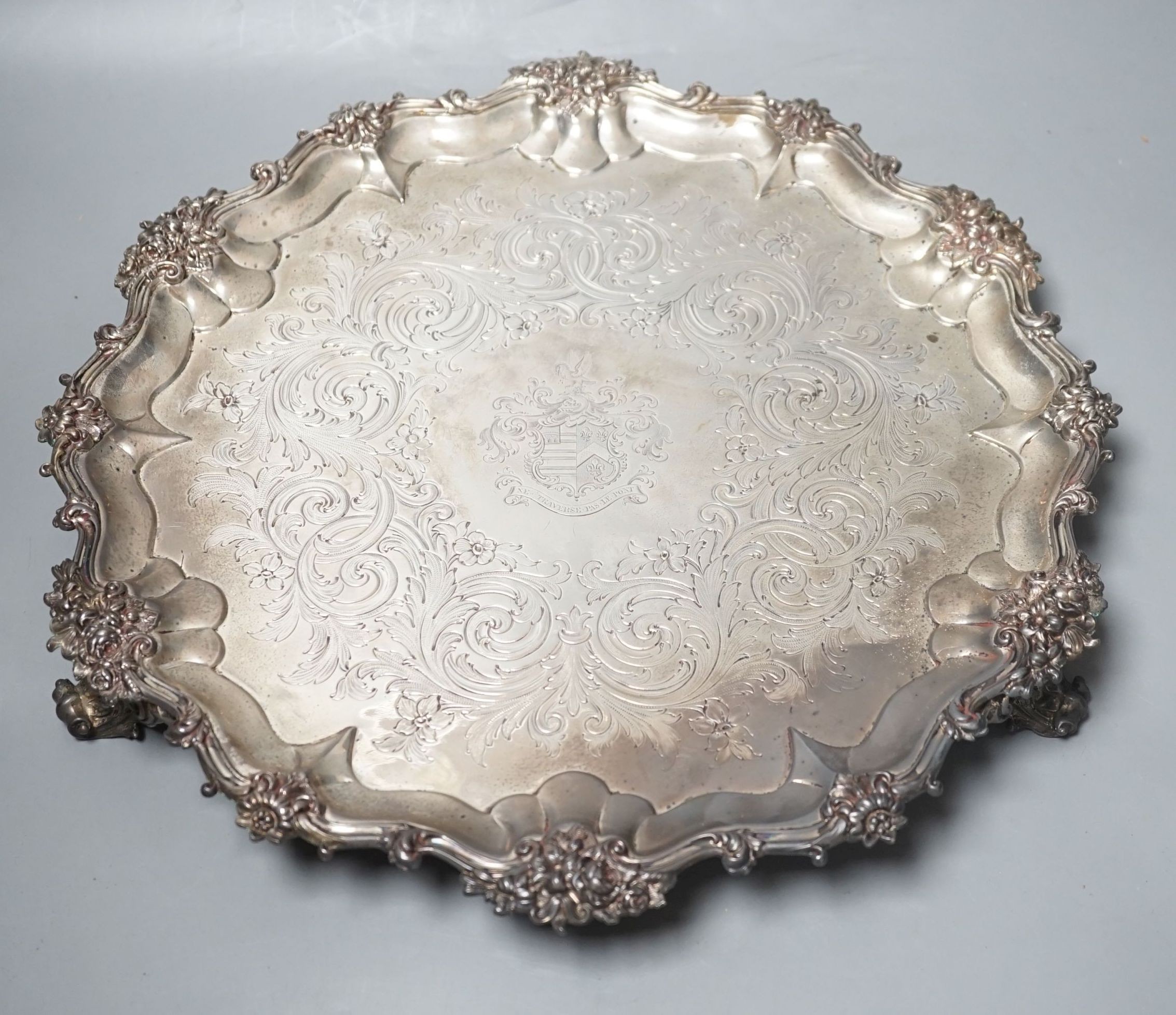 A Victorian engraved silver salver, by Edward & John Barnard, London, 1857, 36.9cm, 37oz.